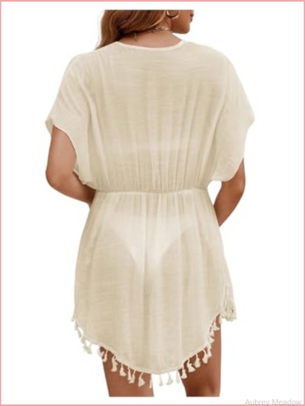 Fringe Hem Tie Front Drawstring Kimono Cardigan Cover Up - Picture 2 of 6